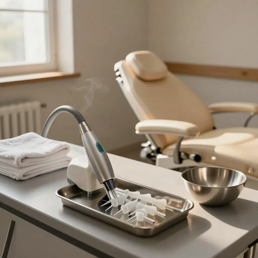 Microsuction setup with wand, tips, chair, towels and bowl in a warm audiology room.