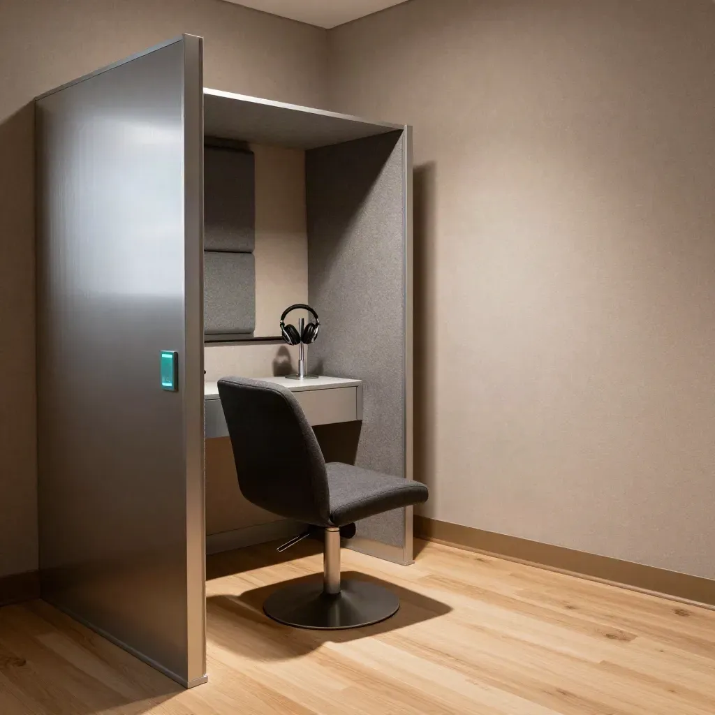 Private hearing test room with chair, headphone stand and acoustic booth light.