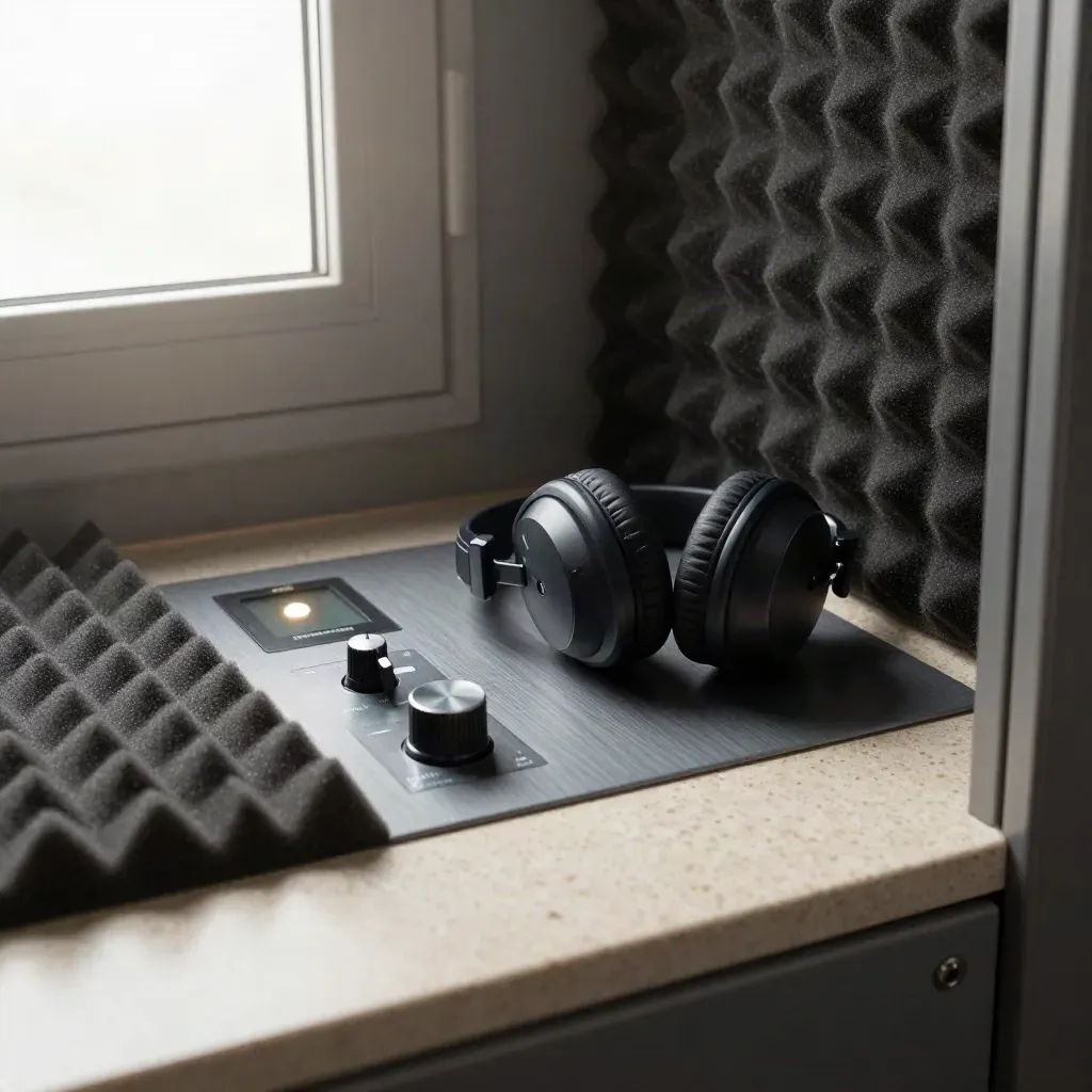 Tinnitus screening booth with headphones, tone generator and glowing control panel.