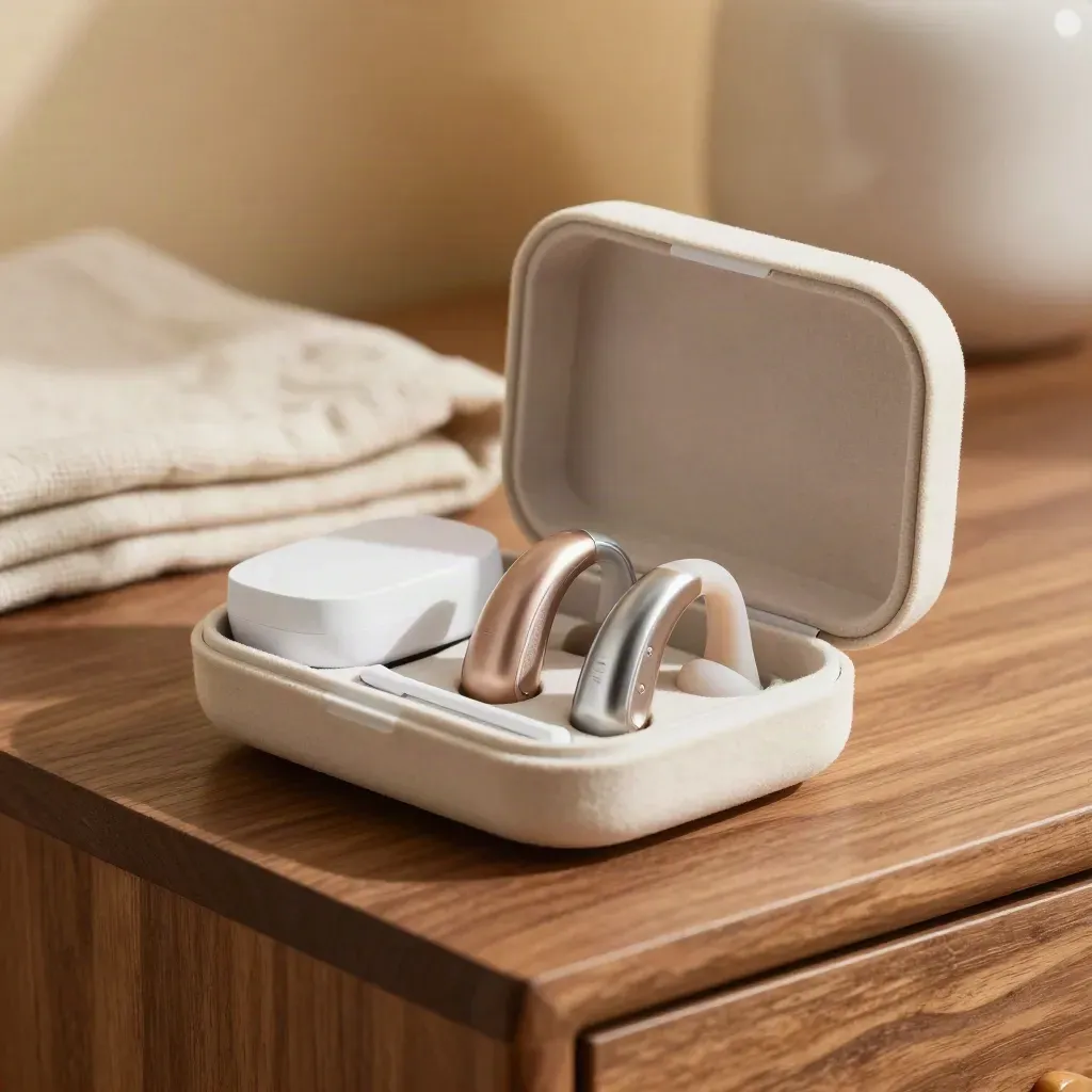 Hearing aids in an open velvet case with charger and cleaning tool on a sunlit walnut dresser.