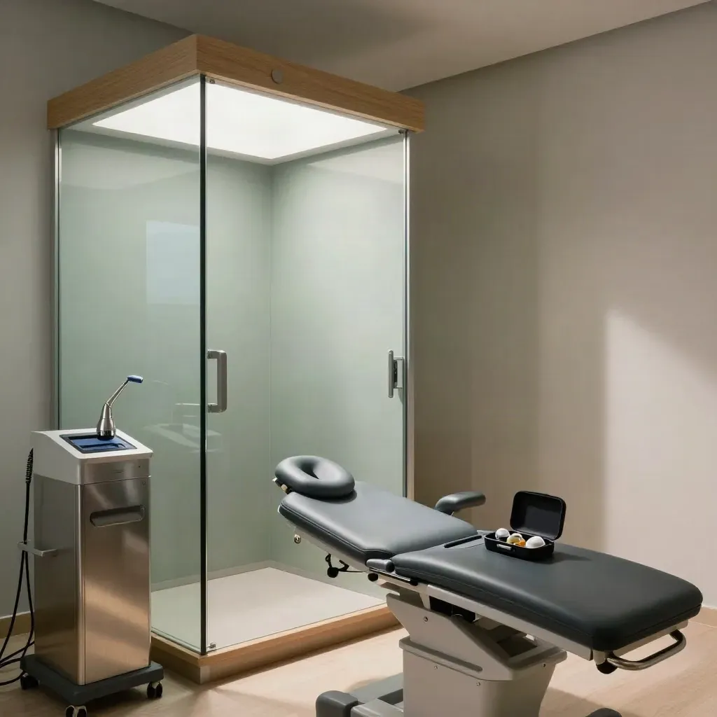 Cinematic audiology suite with hearing booth, fitting bench and open hearing-aid case in moody light.