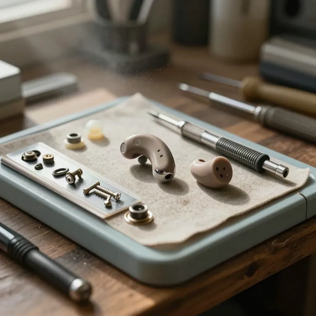 Hearing aid repair bench with tools, opened shell, parts tray and cleaning mat in cinematic light