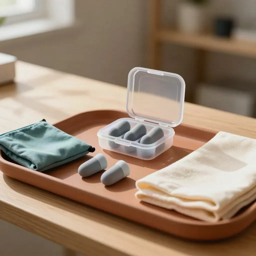 Custom earplugs, impression moulds and ear sleeves in a clear case on a warm audiology tray.