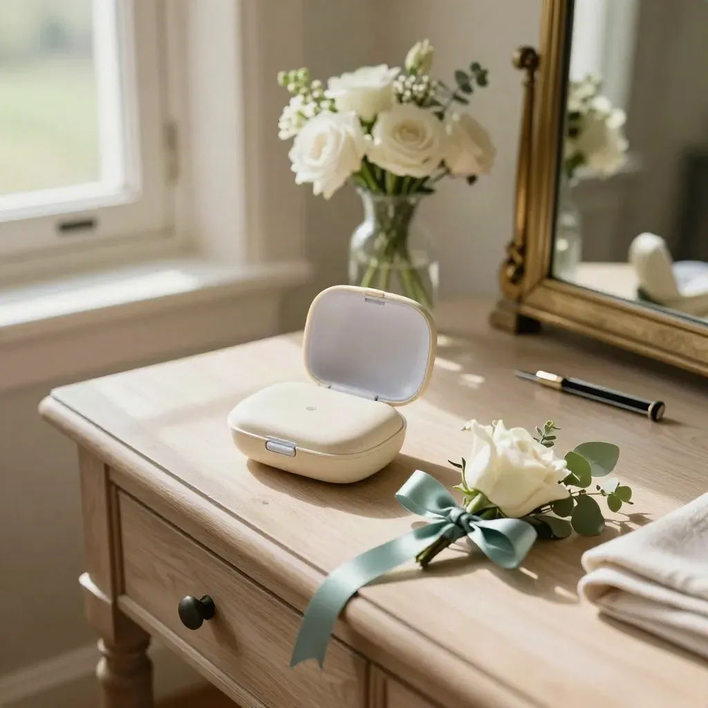 Wedding dressing-room corner with hearing support items, flowers, and a mirror on a sunlit side table