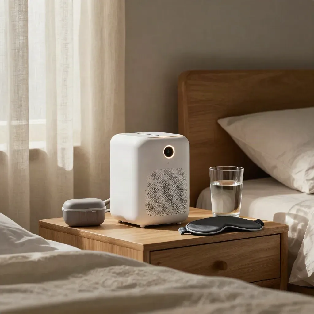 Quiet bedside with white-noise machine, earplugs case, water glass, sleep mask and closed curtains.