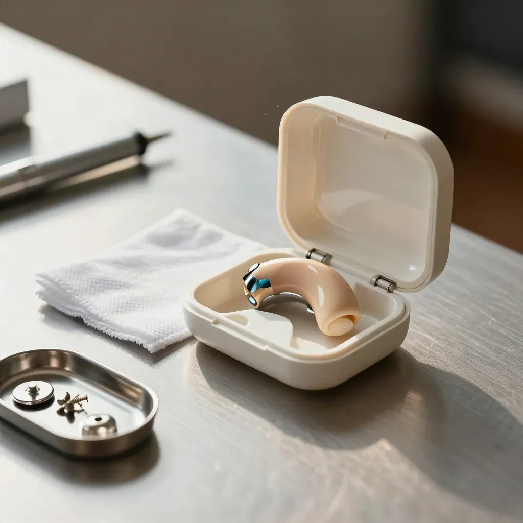 Repaired hearing aid in its case with repair tools, cloth and tray on a workbench.