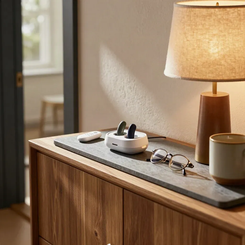 Hallway console with glowing hearing-aid charger, remote mic, glasses, mug and lamp