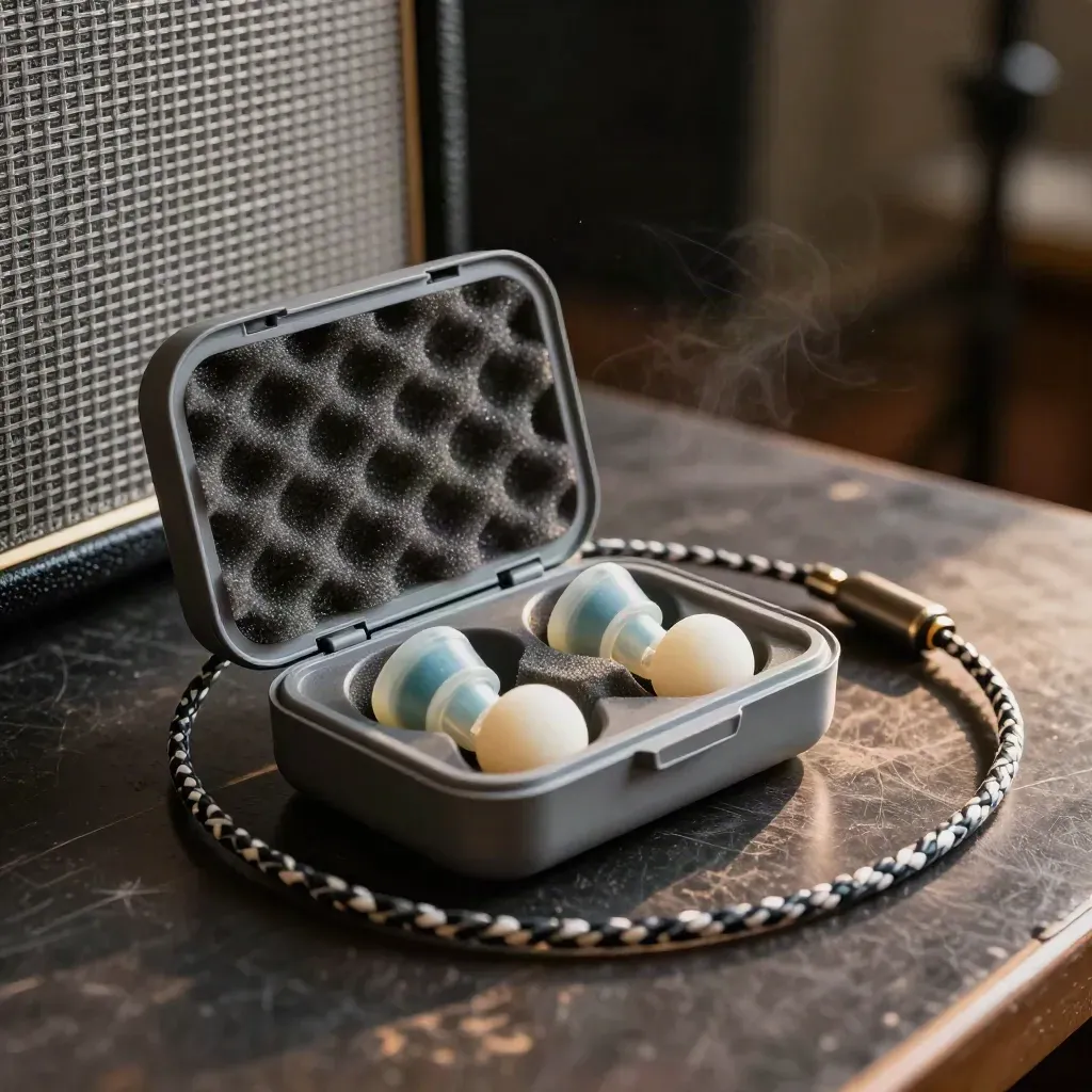Custom earplugs in open case beside moulds, cable, and blurred rehearsal amp corner