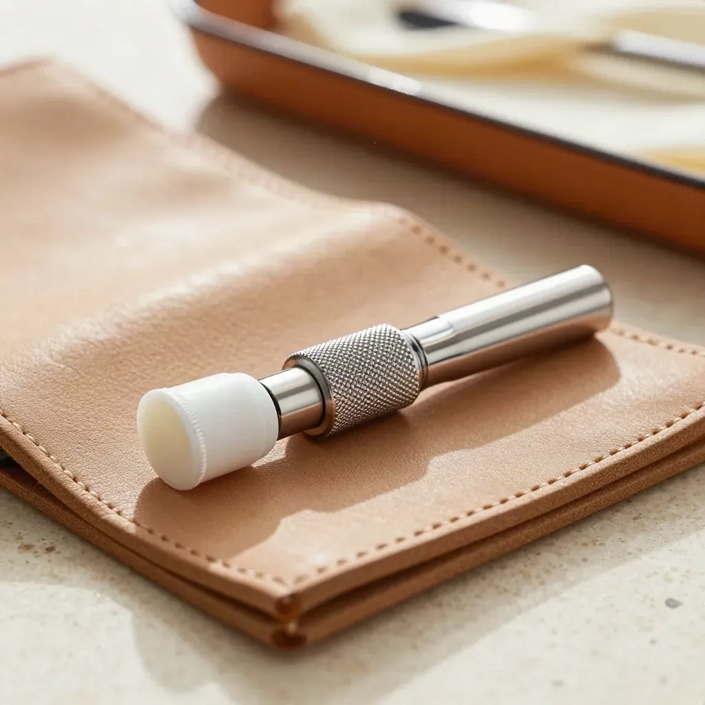 Macro otoscope tools, specula and tuning fork on a leather roll.