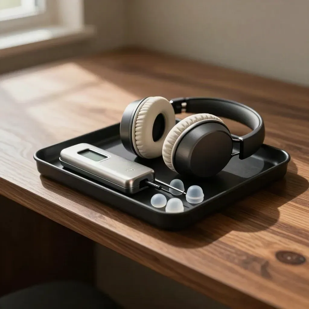 Portable hearing-assessment kit in a dark tray with headphones, battery tester, brush and domed tips.