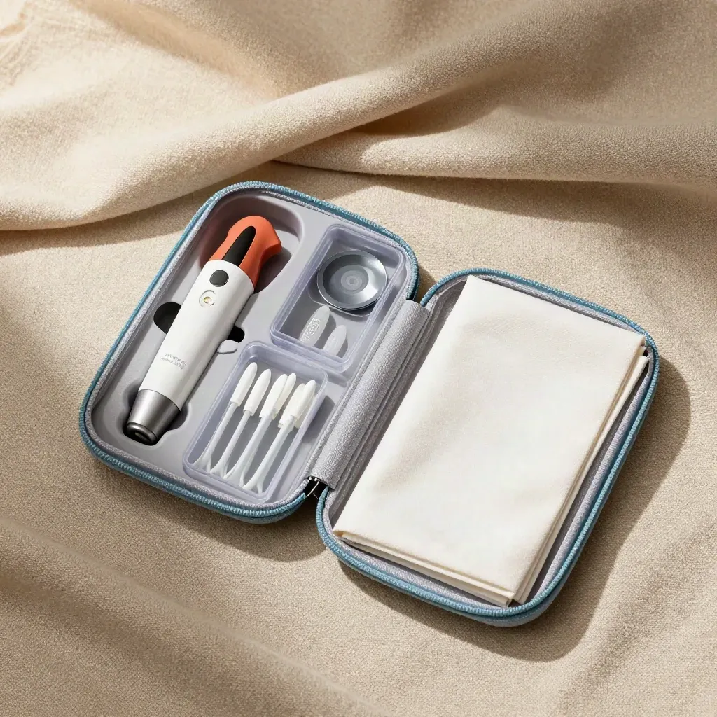 Overhead hearing-care home-visit kit neatly packed on textured canvas with soft blue accents.