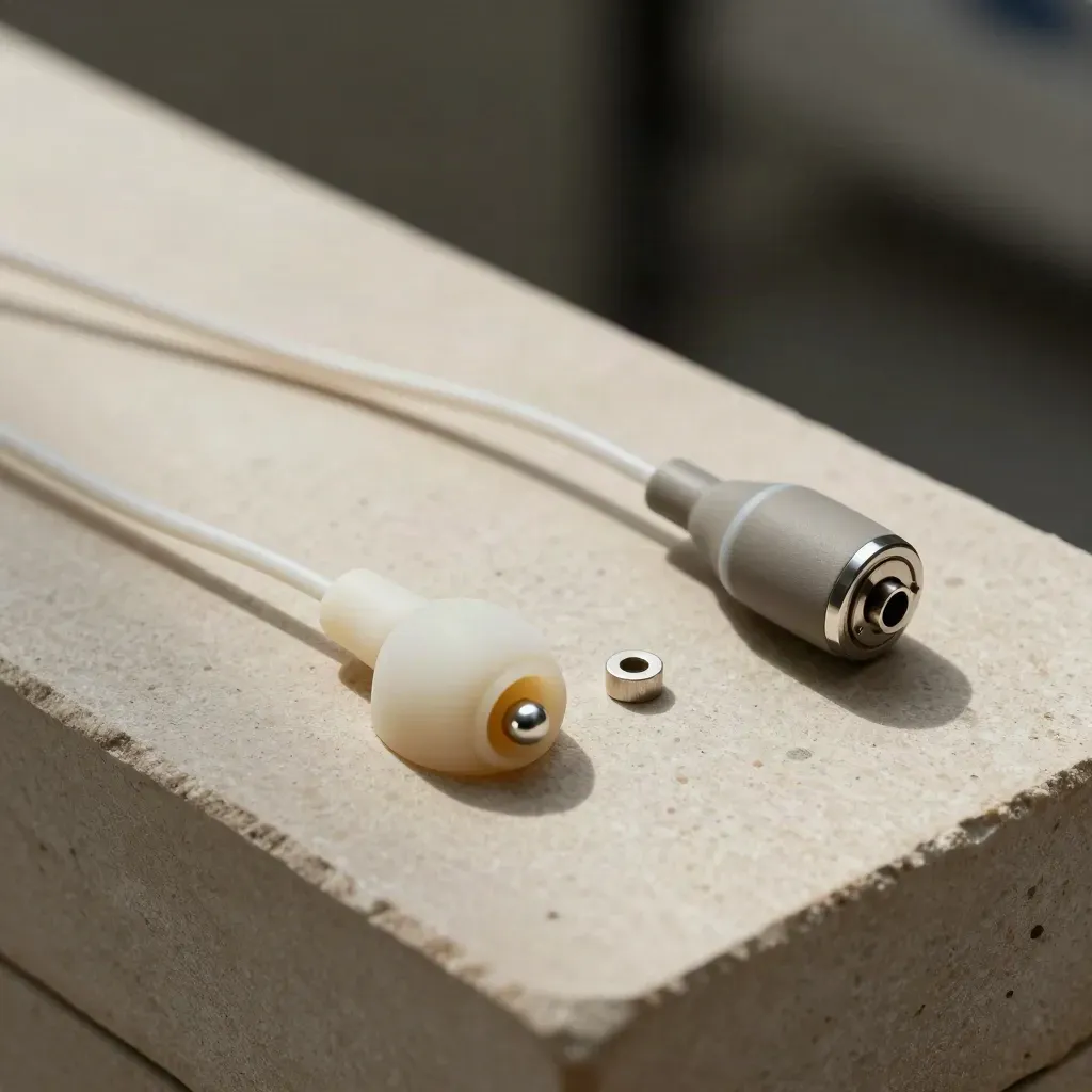Macro of hearing-aid parts on stone: receiver wires, silicone domes, and charger contacts