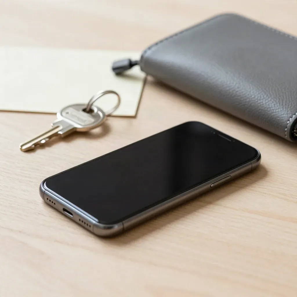 Dark phone, house key ring and leather pouch on pale wood, softly lit still life