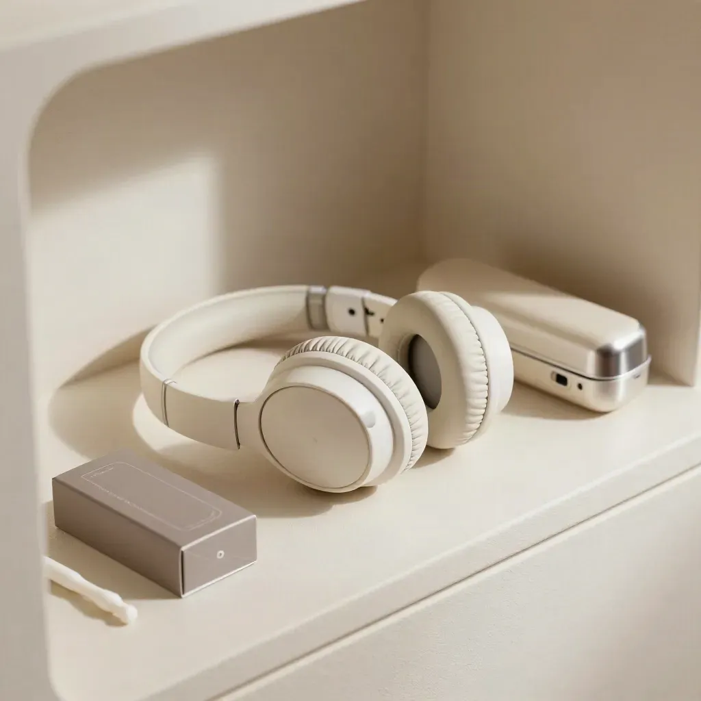 Hearing test headphones, ear-tip box and otoscope case in a quiet acoustic booth.