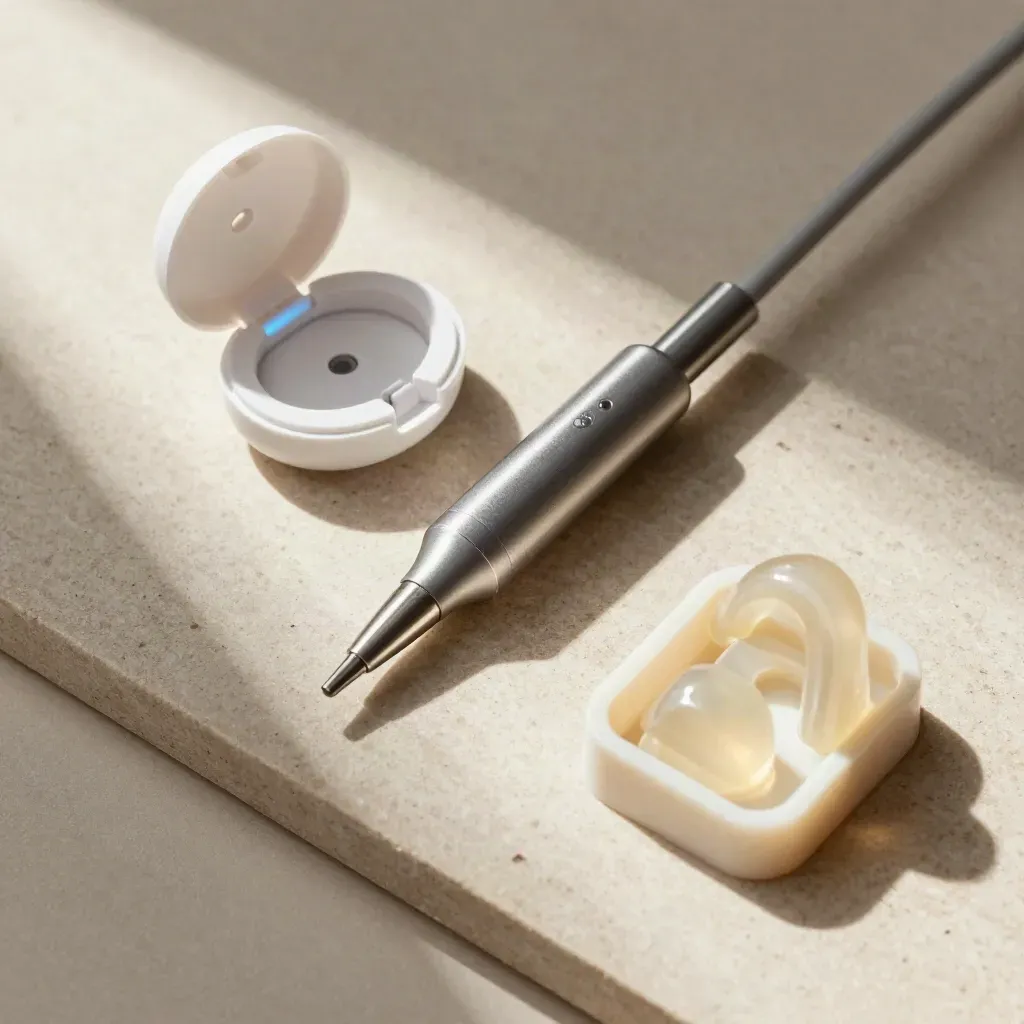 Overhead hearing-care tools, charger and earmould arranged on stone