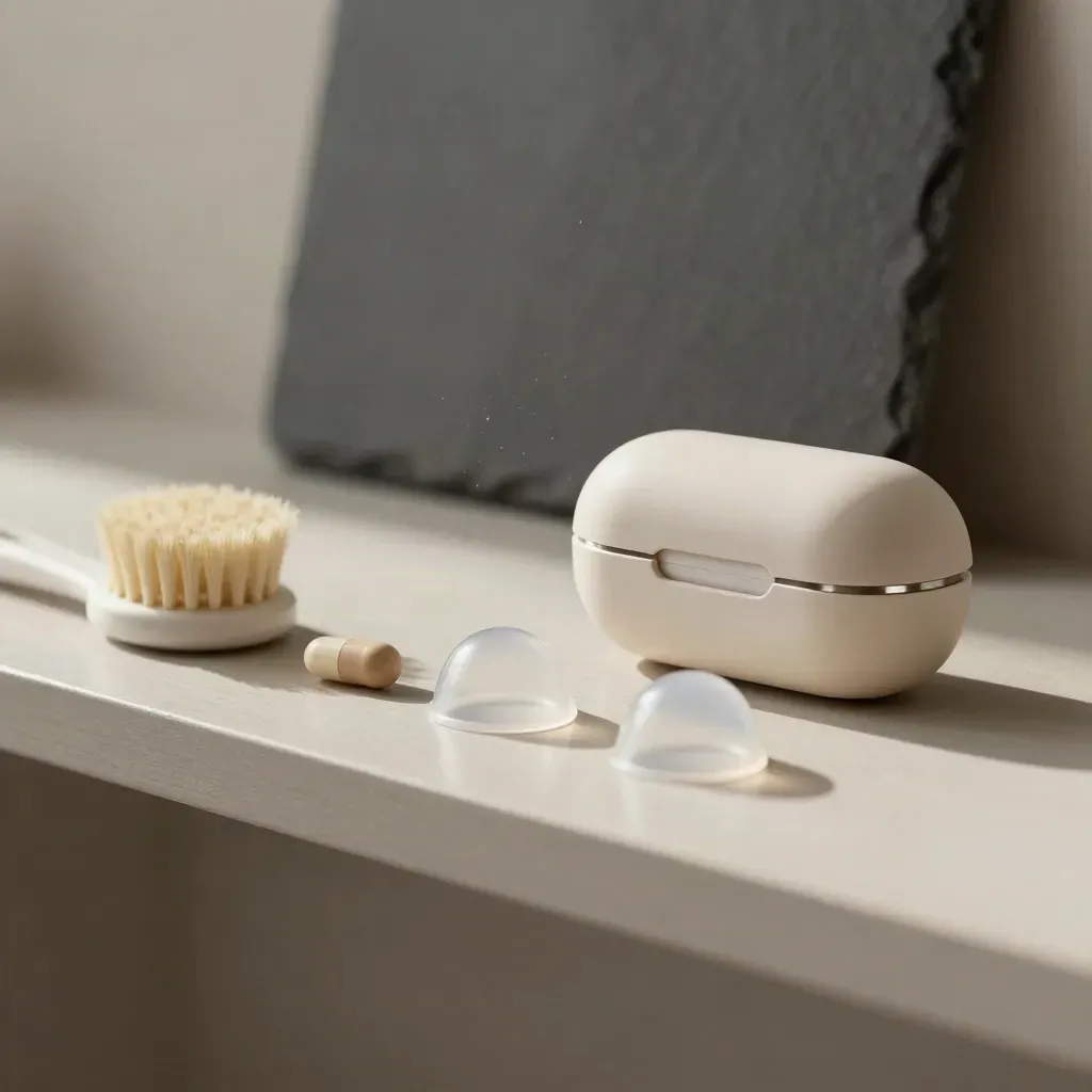 Hearing-aid maintenance kit on a pale wood shelf with brush, domes, capsule, and case.
