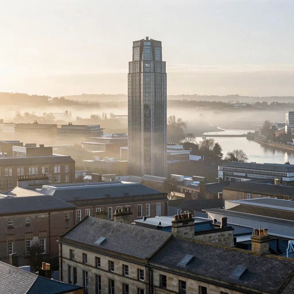 Greater Manchester skyline with Beetham Tower above dawn river mist
