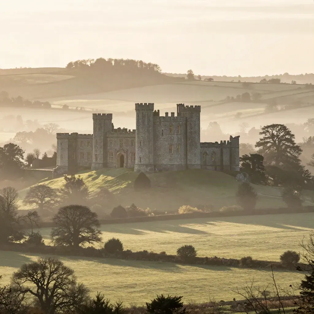 Beeston Castle above misty Cheshire fields at golden hour