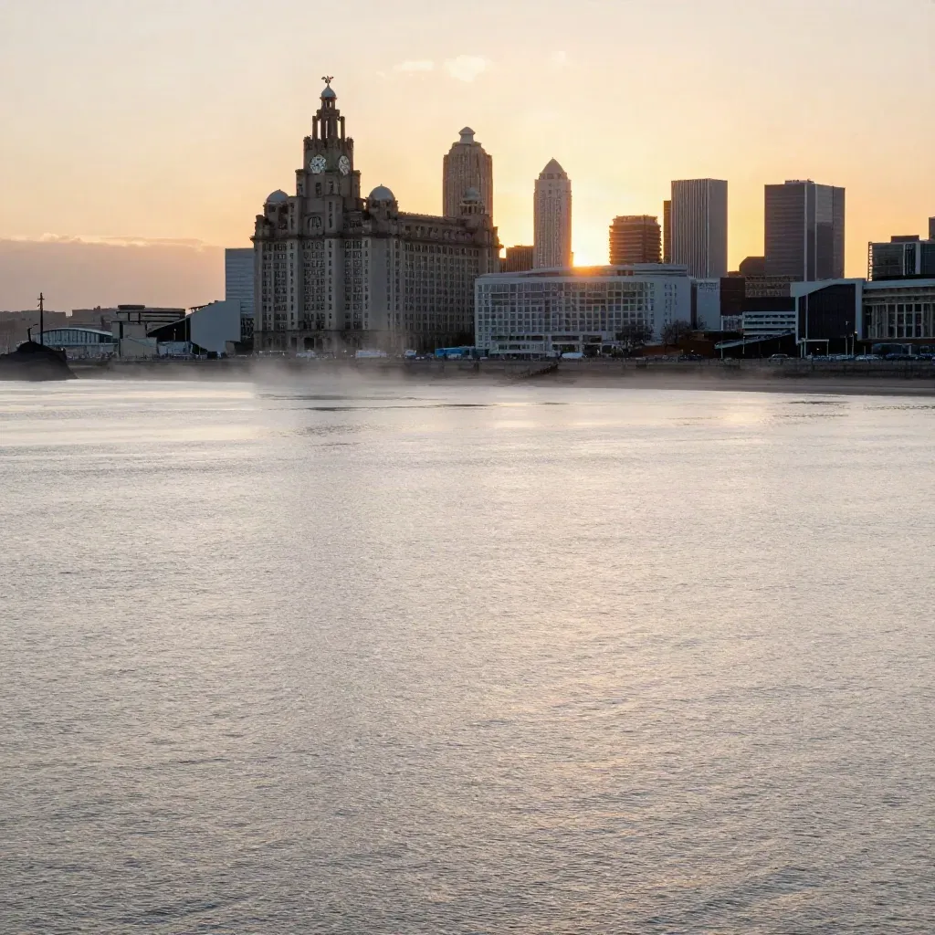 Golden-hour Merseyside waterfront with the Liver Building silhouette over calm silver water.