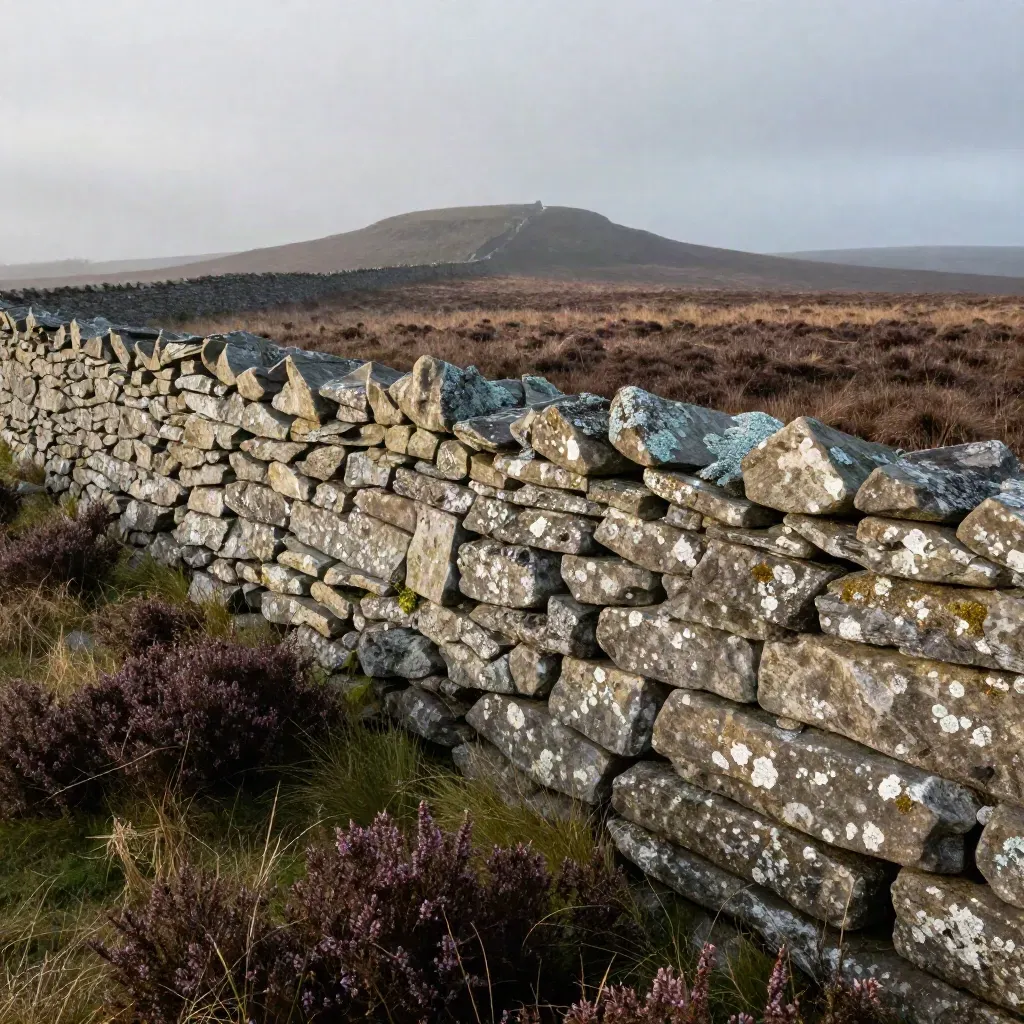 Weathered gritstone wall above misty Lancashire moorland under low cloud
